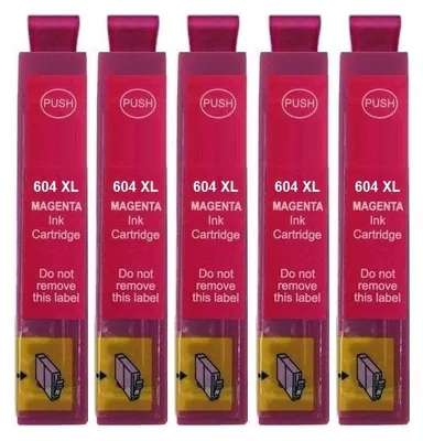 Five magenta ink cartridges are lined up against a white background.