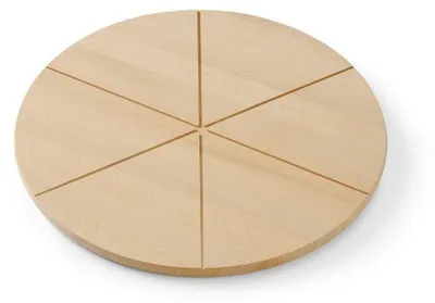 A round wooden pizza board with six pre-cut sections.