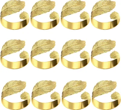 Produktbild von 12 Stück Serviettenringe, kreative Form, hohe Festigkeit, rostfrei, helle Farbe, verformt sich nicht leicht, dekoratives Eisen, Feiertagsparty, einzigartige Serviettenringe in Blattform, Küchenbedarf