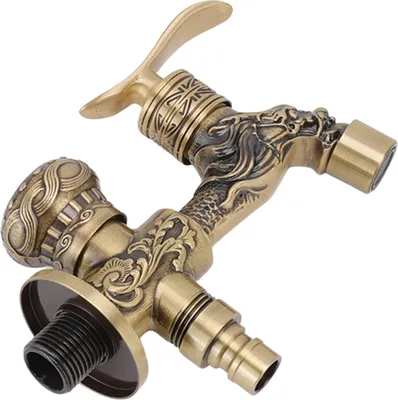 Image de Robinet en laiton avec deux poignées, finition bronze vieilli, décoré de motifs de dragons, conçu pour être monté sur un évier de salle de bain ou un plan de travail