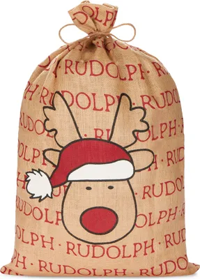 Image de BRUBAKER Sac de Noël Rudolph - 80 cm Sac cadeau pour Noël - Renne avec bonnet de Noël - Sac de Saint-Nicolas en jute - Sac avec cordelette