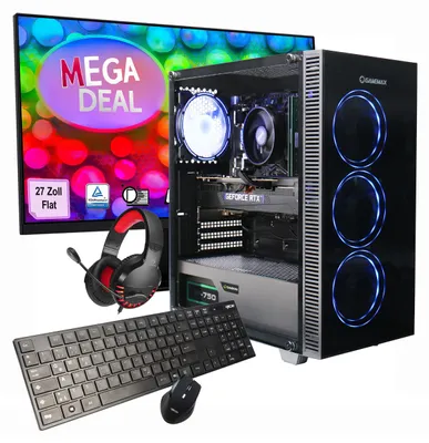 Produktbild von GAMEMAX Gaming PC Draco XD Komplett SET Ryzen 5 5500 32GB RAM 1TB SSD RTX 5050 Windows 11 + MSI PRO MP273A Monitor 69cm (27") + Zubehör