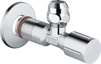 A chrome-plated angle valve with a round flange and a handle.