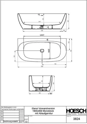 Produktbild von Hoesch Vorwandwanne iSENSI 190x90cm, we, 259 l, mit Überlaufschlitz