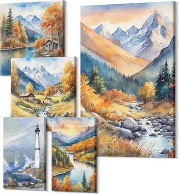 Obrázek produktu pro Moderní Obrazy Na Plátně – Polycanvas Tisk – 5-Dílný Set – Dekorace Na Stěnu – Obrazy Do Bytu – Umělecké Obrazy – Do Obývacího Pokoje – 2x 30x30 cm + 2x 20x30 cm + 1x 40x60 cm – Horské krajiny s řekami a majákem