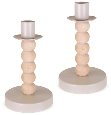 Produktbild von Stabkerzenhalter 2er Set Holz-Metall Natur-Beige Ø 8 x 14 cm