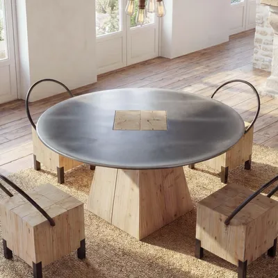 Immagine prodotto di Tavolo da pranzo HWC-L76, tavolo da sala da pranzo, rotondo industriale in legno massiccio  MVG 74x120cm, naturale con aspetto metallico