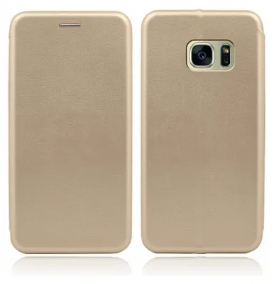 A product shot of a gold smartphone case, shown from two angles.
