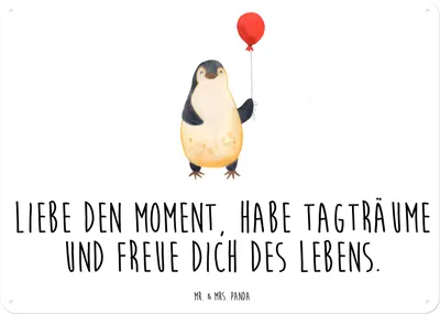 Produktbild von Mr. & Mrs. Panda Retro Blechschild Pinguin Luftballon DIN A5 - Weiß - Geschenk, Wandbild, Blechtafel, wandtafel, Schild, Motivation, Neustart, tafel, Pinguine