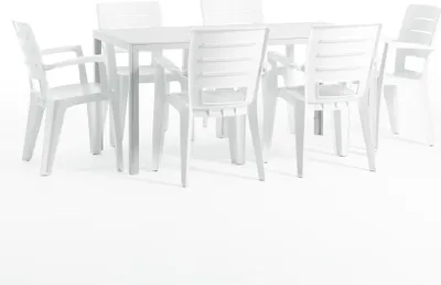 Image de Set de salle à manger d'extérieur avec table rectangulaire 156x78 cm et 6 chaises empilables en résine - design moderne imitation bois, idéal pour le jardin, la terrasse et les espaces extérieurs couverts - robuste, élégant et fonctionnel - THOMAS+ANITA - Blanc