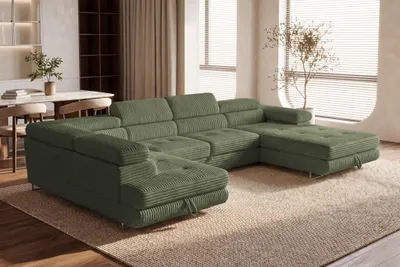 Produktbild von Wohnlandschaft Cordo U-Form XXL 345 cm Schlaffunktion 2 Bettkästen Breitcord Grün Links