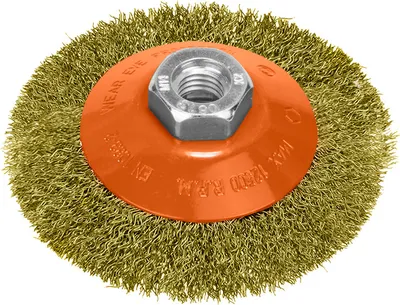 Obrázek produktu pro Úhlový kartáč s mosazným ocelovým drátem, závit M14, Ø 100 mm. Ø drátu 0,30 mm.