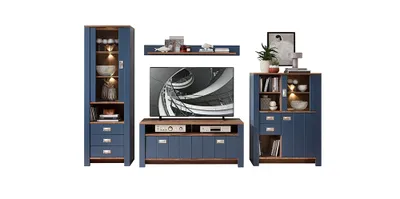 Produktbild von Innostyle Dijon Wohnwand Holzwerkstoff Parisian Blue/Haveleiche Cognac LED-Beleuchtung