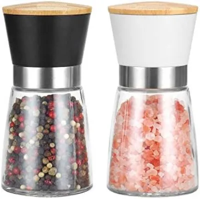 Produktbild von PolkaHome® Salz- und Pfeffermühlen-Set mit Keramikmahlwerk und Holzdeckeln, 14 cm, 350 g, Schwarz/Silber/Transparent