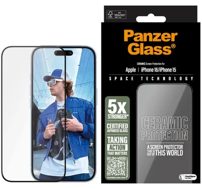 Obrázek produktu pro PanzerGlass ® Ceramic Screen Protector iPhone 16 | 15 | Ultra-Wide Fit w. EasyAligner, Apple, Apple - iPhone 16, Apple - iPhone 15, Aplikace nasucho, Odolné proti poškrábání, Odolný proti nárazům, Průhledná, 1 kusů