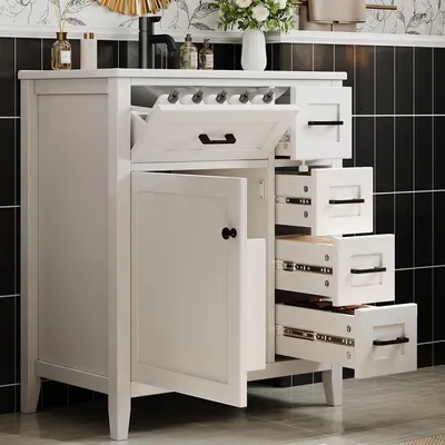 Produktbild von STILVORA Badezimmerwaschtisch freistehend mit Keramikwaschbecken, Waschtischunterschrank mit 4 Schubladen und Klappschubladen, Badschrank mit Türregalen und schwarzen Griffen Weiß
