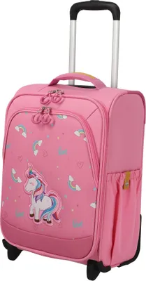 A pink children's rolling suitcase with a unicorn and rainbow design.