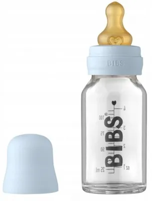 Zdjęcie produktu dla Szklana butelka antykolkowa BIBS - 110 ml z gumowym smoczkiem rozmiar. S, niebieska