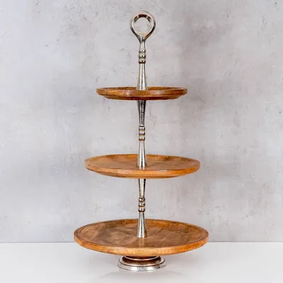 Produktbild von Holz Etagere 3 Etagen H60cm Mangoholz Metall Servierplatte Kuchenständer Deko