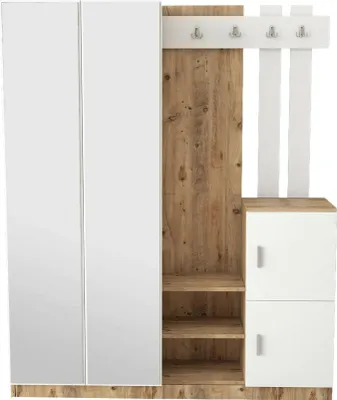 Produktbild von Eingangsmöbel Dgautier, Moderner Eingang, Wandgarderobe, Multifunktions-Aufbewahrungskonsole, 147x38h180 cm, Eiche und Weiß