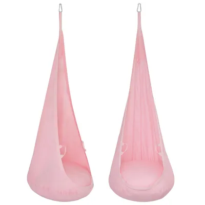 Two pink hanging chairs are shown against a white background.