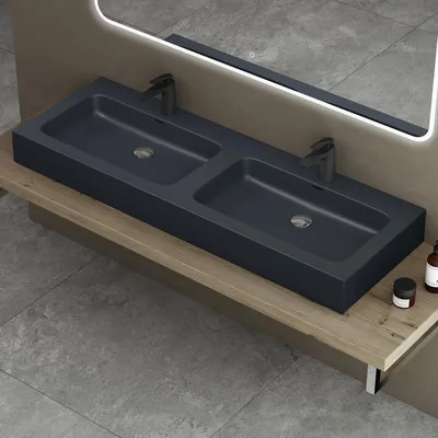 Produktbild von doporro Doppelwaschbecken BTH: 140x48x13 cm Partner-Waschbecken aus Gussmarmor Anthrazit Matt Colossum830