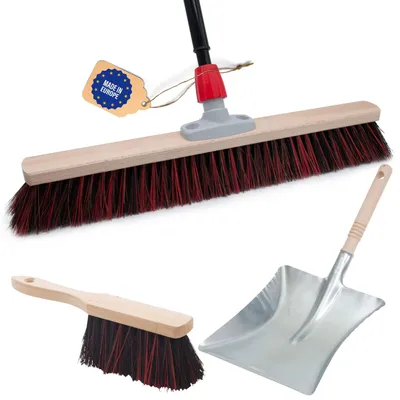 Produktbild von Novaliv Straßenbesen Set 60 cm I Besen und Kehrblech Handfeger Teleskopstiel I Arenga-Elaston schwarz-rot I mit Stiel ausziehbar I Industriebesen Kehrbesen Gartenbesen Hofbesen