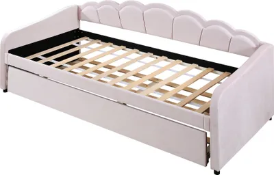 Produktbild von Flieks Schlafsofa Sofabett 90x200cm mit LED, Polsterbett Jugendbett Einzelbett mit Ausziehbett 90x190cm, Tagesbett Gästebett Funktionsbett, Samt, Rosa