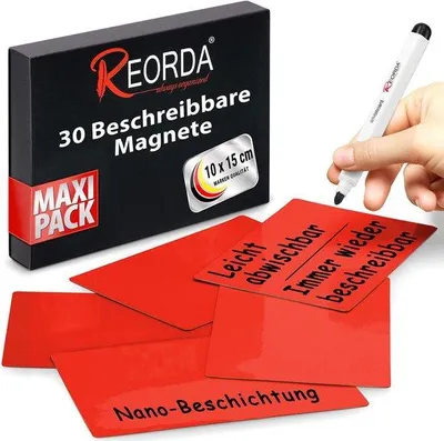 Produktbild von Reorda Beschrijfbare Magneten - 30 Herschrijfbare - 10 x 15 cm (Rood) - Beschrijfbare für Whiteboard, Kanban, Magnetbrett oder als Küchenmagnete