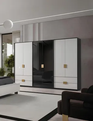 Produktbild von Schwarz-Weißer Schlafzimmer Kleiderschrank Moderner 6-Türiger Schrank