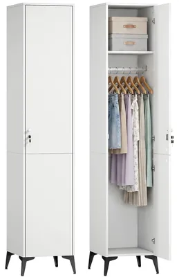 Image de Armoire étroite avec porte, tringle à vêtements et étagères, solution de rangement gain de place pour chambre et couloir, dimensions : 36 x 40 x 180 cm, couleur : blanc