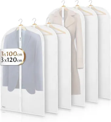 Produktbild von Unyqoos® Kleidersack 6er-Set (transparent / weiß) – 3×100×60 cm & 3×120×60 cm, PEVA Kleiderhüllen, knitterfrei, mottenfrei, atmungsaktiv, wasserabweisend