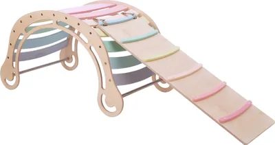 Produktbild von KateHaa XXL-Wippe Kletterbogen aus Holz mit Kletterwand Pastellfarben | Indoor Kletterbogen / Klettergerüst für Kinder | Montessori Spielzeug