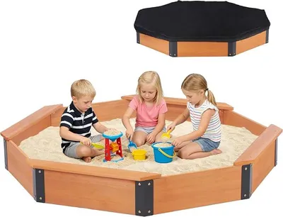 Imagen del producto de Silecomplaza: Caja de arena de madera octogonal con tapa, 162 x 142 x 21 cm. Gran caja de arena para niños, ideal para exteriores, terrazas y patios. Montaje sencillo y rápido