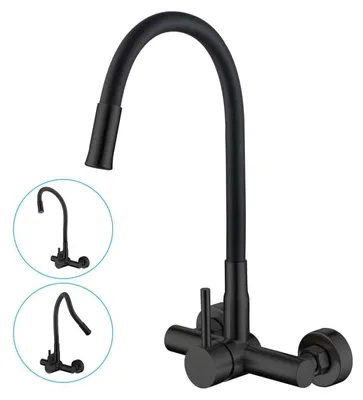 Image de Robinet mural, 2 types de jets, noir, en acier inoxydable
