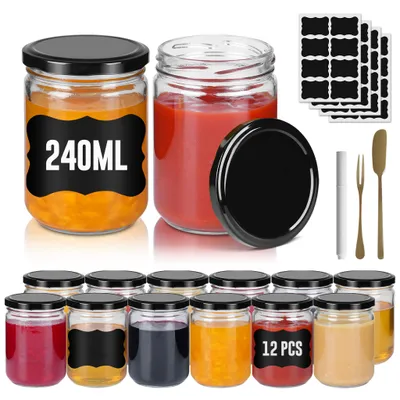 Produktbild von LARS360 Quadratische Marmeladengläser 12er Set mit schwarzem Deckel – 240ml Glas Vorratsdosen, mit Etiketten, Kreidestift und Obstmesser