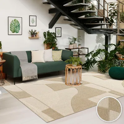 Zdjęcie produktu dla Dywan TT Home do użytku wewnątrz i na zewnątrz, odporny na warunki atmosferyczne, idealny na balkon, kuchnię lub do salonu. Styl boho, efekt wysokiego i niskiego włosia, abstrakcyjny wzór, nowoczesny, geometryczny wygląd. Wymiary: 120x160 cm
