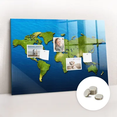 Produktbild von Magnetische Wandtafel aus Glas – Memotafel mit gebogener Vorderseite – Enthält 5 Magnete – 100x70 cm – Weltkarte