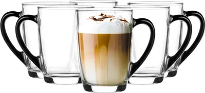 Zdjęcie produktu dla Kubek szklanka z uchem Ala 300ml Czarne Ucho 6szt na kawę latte