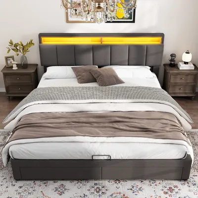 Produktbild von okwish Polsterbett Doppelbett 160×200cm mit LED-Beleuchtung,Jugendbett mit Verstaubares Kopfteil& Bettkasten und Staufächer，Grau-Ohne Matratze