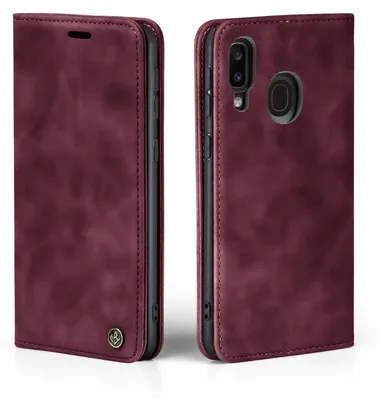 A burgundy flip case for a smartphone, shown from the front and back.