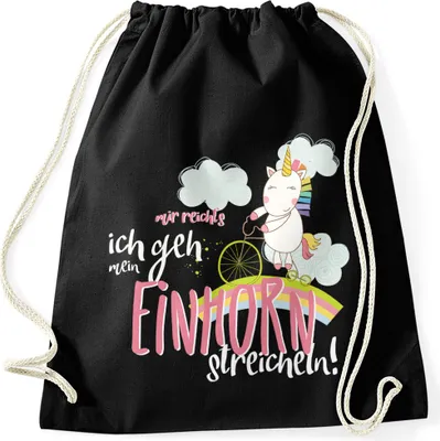 Produktbild von Turnbeutel Einhorn auf Fahrrad "Mir reichts ich geh mein Einhorn streicheln" Spruch Moonworks® schwarz unisize