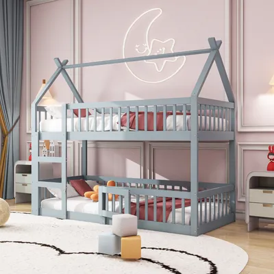 Produktbild von Merax Etagenbett 90x200cm mit Leiter und Tür, Kinderbett mit Rausfallschutz und Dach, Hochbett mit Lattenrost, Kieferholz Stockbett Jugendbett, Grau