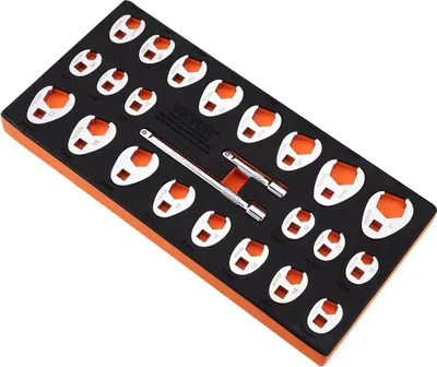 Produktbild von 3/8"-Antrieb-Krähenfußschlüsselsatz mit 2 Verlängerungsstangen, 24-teiliger Krähenfußschlüsselsatz, SAE 3/8"-1" und metrisch 10-22 mm, CR-MO-Stahl-Krähenfußschlüsselsatz, mit EVA-Werkzeugorganizer