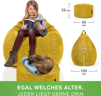 Produktbild von Green Bean® 2er Set Indoor XXL Sitzsack + Pouf mit EPS-Perlen Füllung - Fußhocker Fußkissen Hocker Bodenkissen Liegekissen Sitzkissen Lounge Chair - Gelb