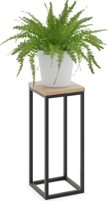 Produktbild von LAMO Manufaktur Blumenständer Metall Schwarz | Pflanzenständer Holz mit Natur Farbe | Blumenhocker groß 50 cm für Zimmerpflanzen | 100% Echtholz | Sockel für Skulpturen