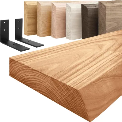 Image de LAMO Manufaktur Étagère murale avec supports en L noirs | Étagère 140 cm largeur pour salle de bain, couloir, cuisine style industriel | Couleur: foncé, Bord: naturel | Qualité artisanale, bois massif