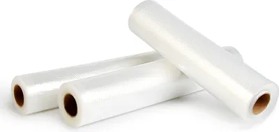 Three rolls of vacuum sealer bags are arranged diagonally on a white background.