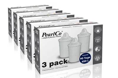 A product shot of multiple boxes of PearlCo water filter cartridges, arranged diagonally.