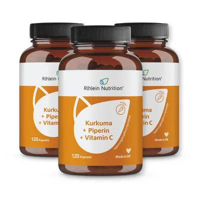 Produktbild von Kurkuma 95% Curcumin+Piperin+Vitamin C vegan Kaps. 3x120 St